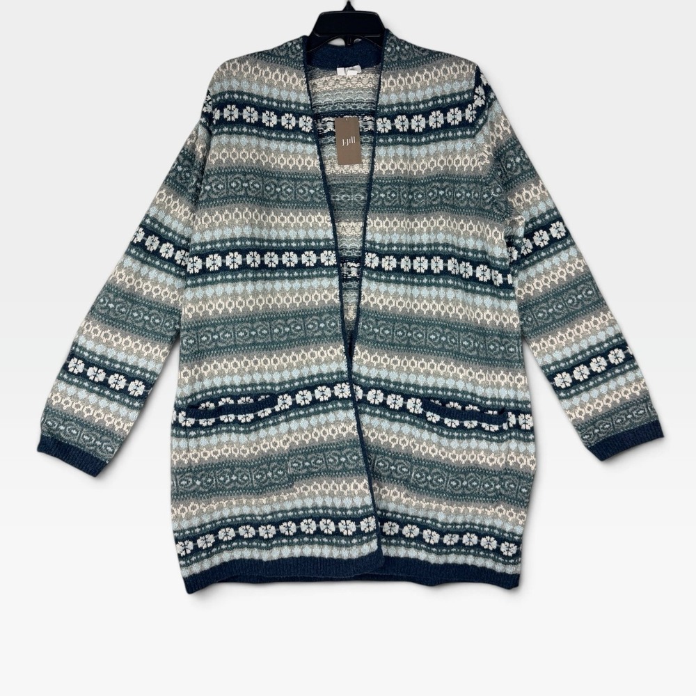 J. Jill Cardigan Sweater Peacock HM Womens M Blue Fair Isle Open Front NWT